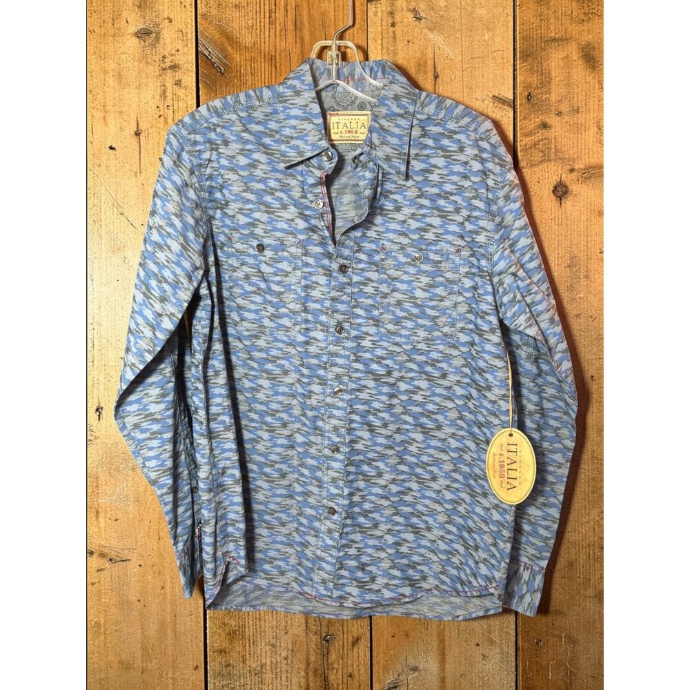 Vintage Italia 1958 Mens Blue Patterned Long-Sleeve Button-Up Shirt Dual Chest P
